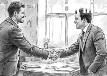 executives handshake ink drawing