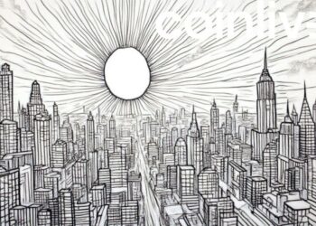 futuristic city sunrise ink drawing