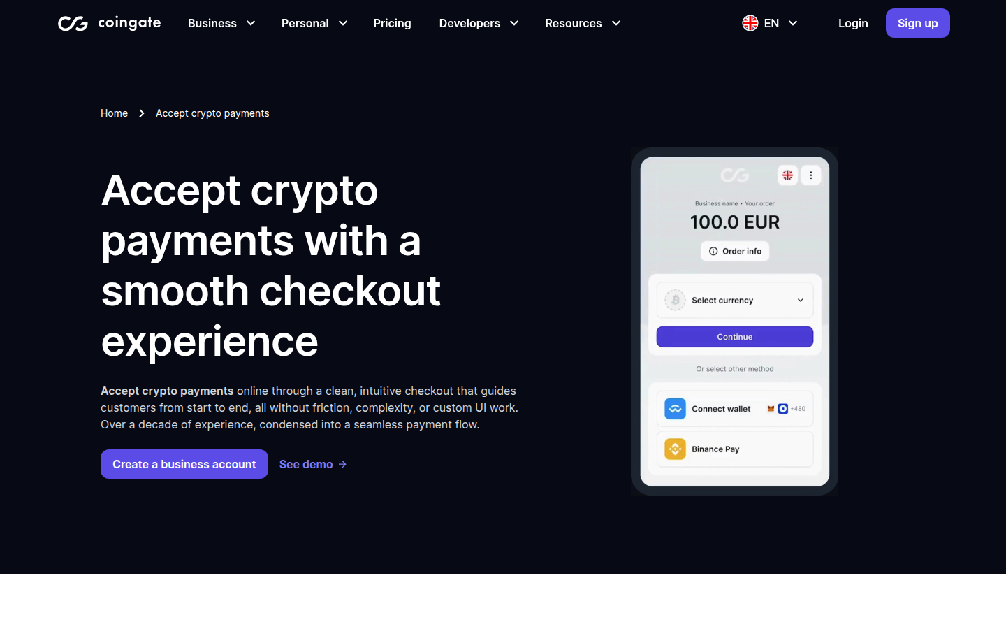 CoinGate accept crypto page screenshot