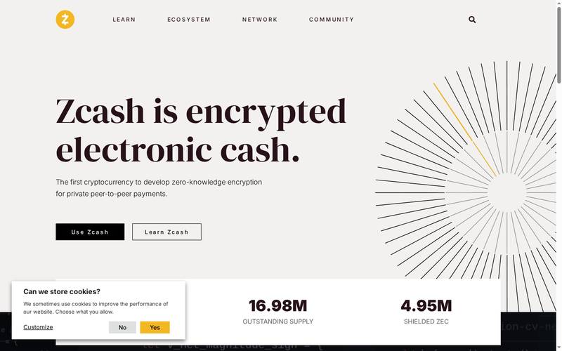 z.cash homepage, encrypted electronic cash, 16.97M supply, 4.95M shielded