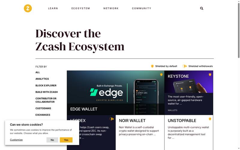 z.cash/wallets/, Edge, Keystone, Noir, Unstoppable, Leodex listed