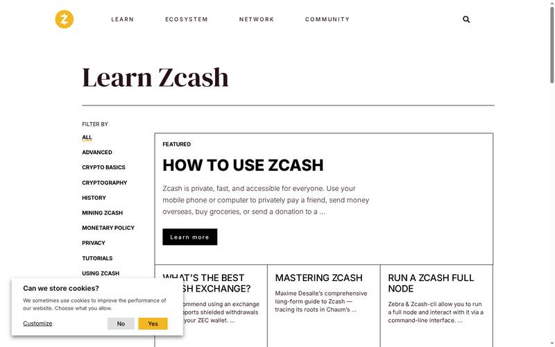 z.cash/learn/, categories including Privacy, Cryptography, Mining, Monetary Policy, Tutorials